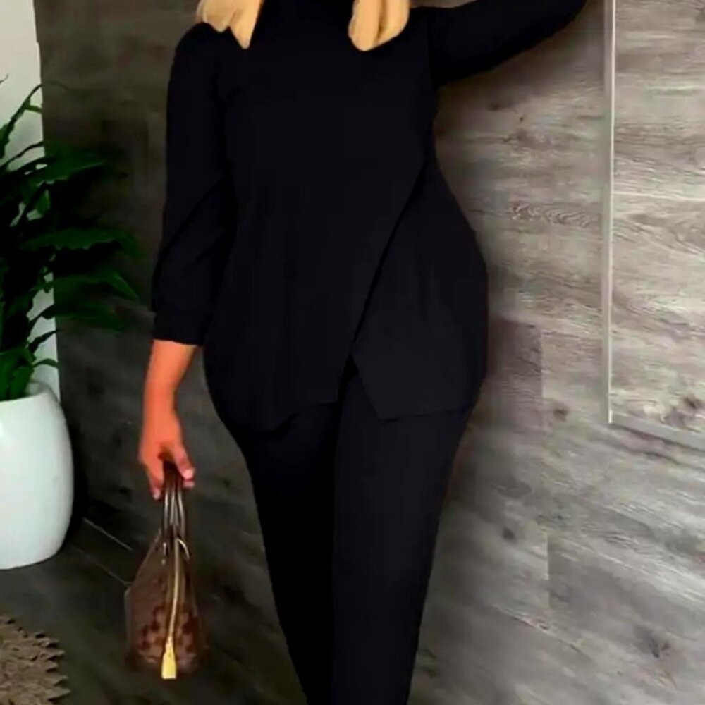 Solid Wrap Split Hem Top & Pants Set